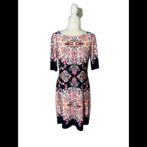 Eliza J Womens Print Floral Paisley V Neck Sheath Dress Size 6 Pink Blue Sleeve